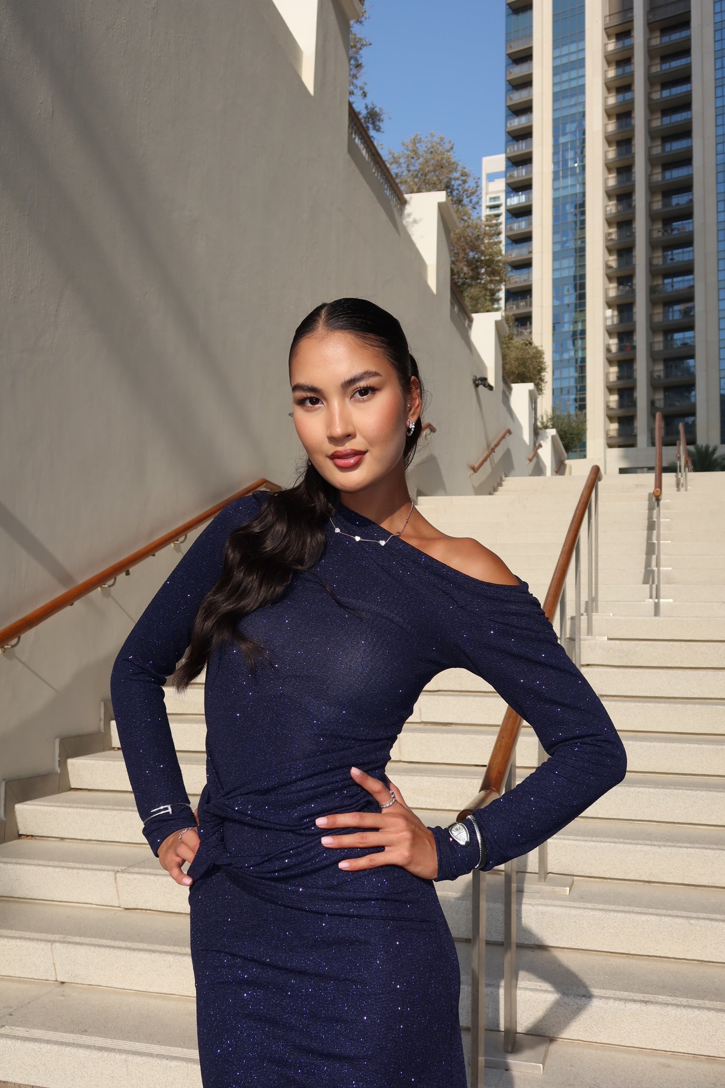 Long glitter blue navy blue dress