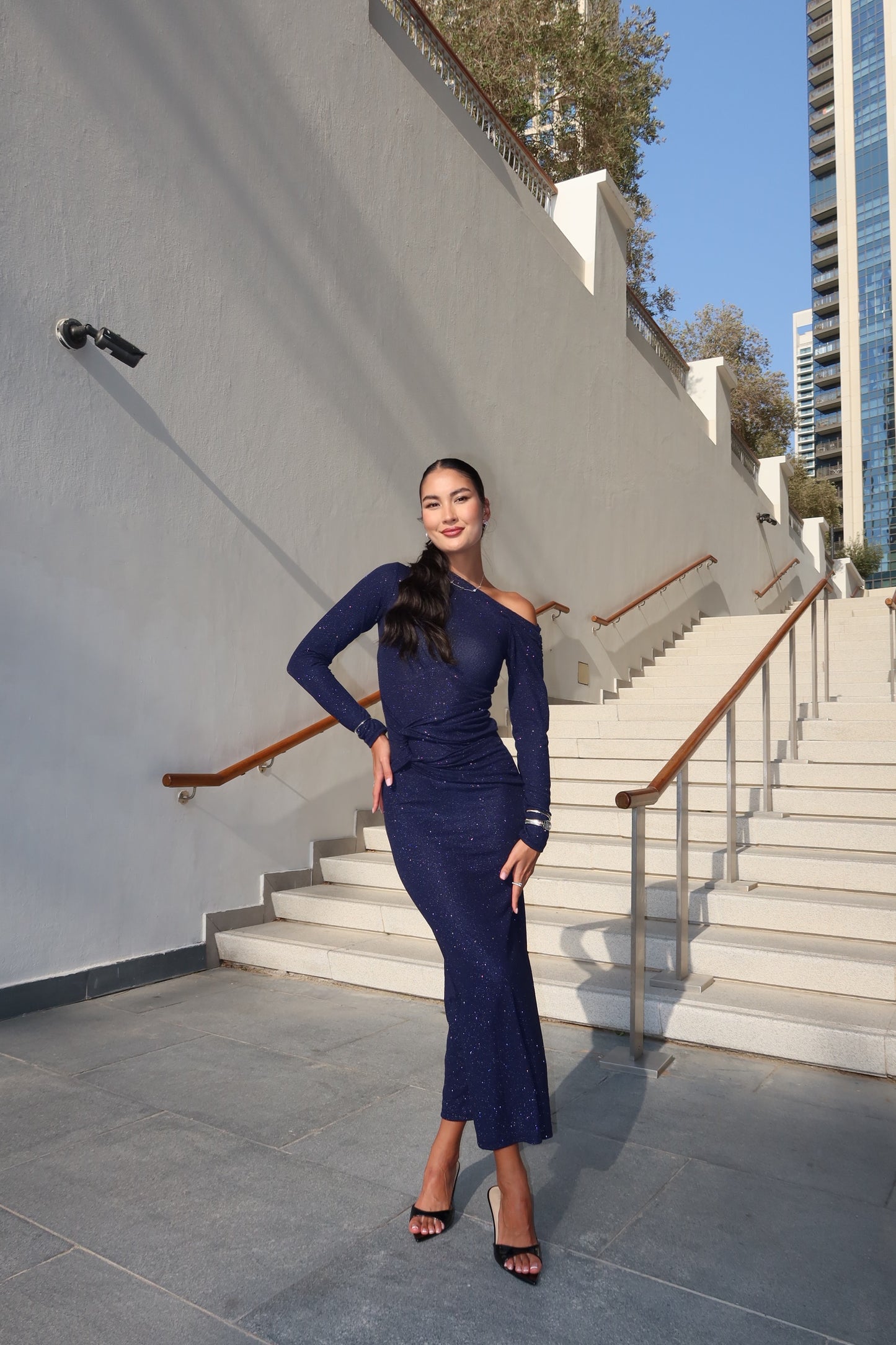 Long glitter blue navy blue dress