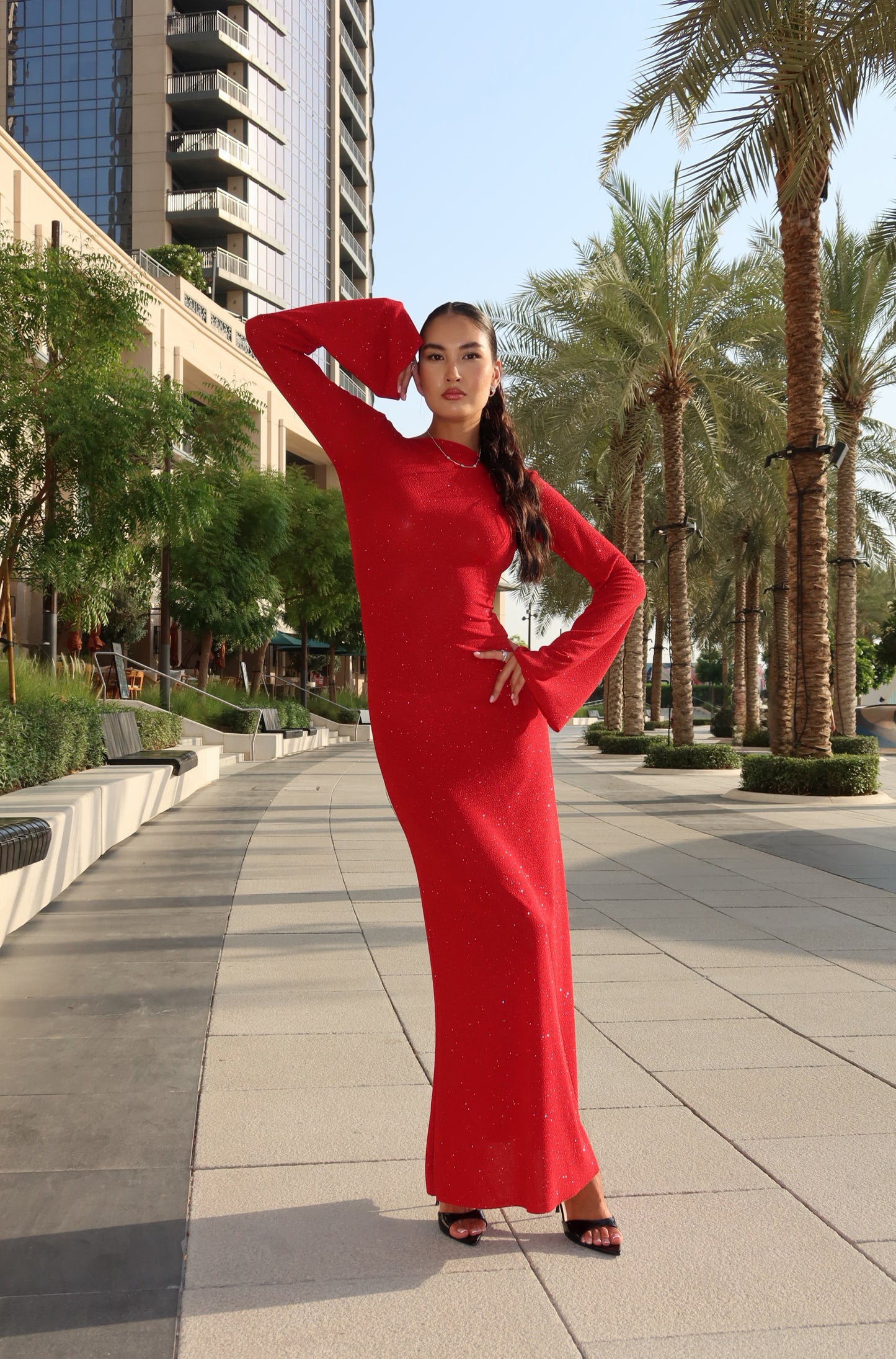 Red open back glitter dress