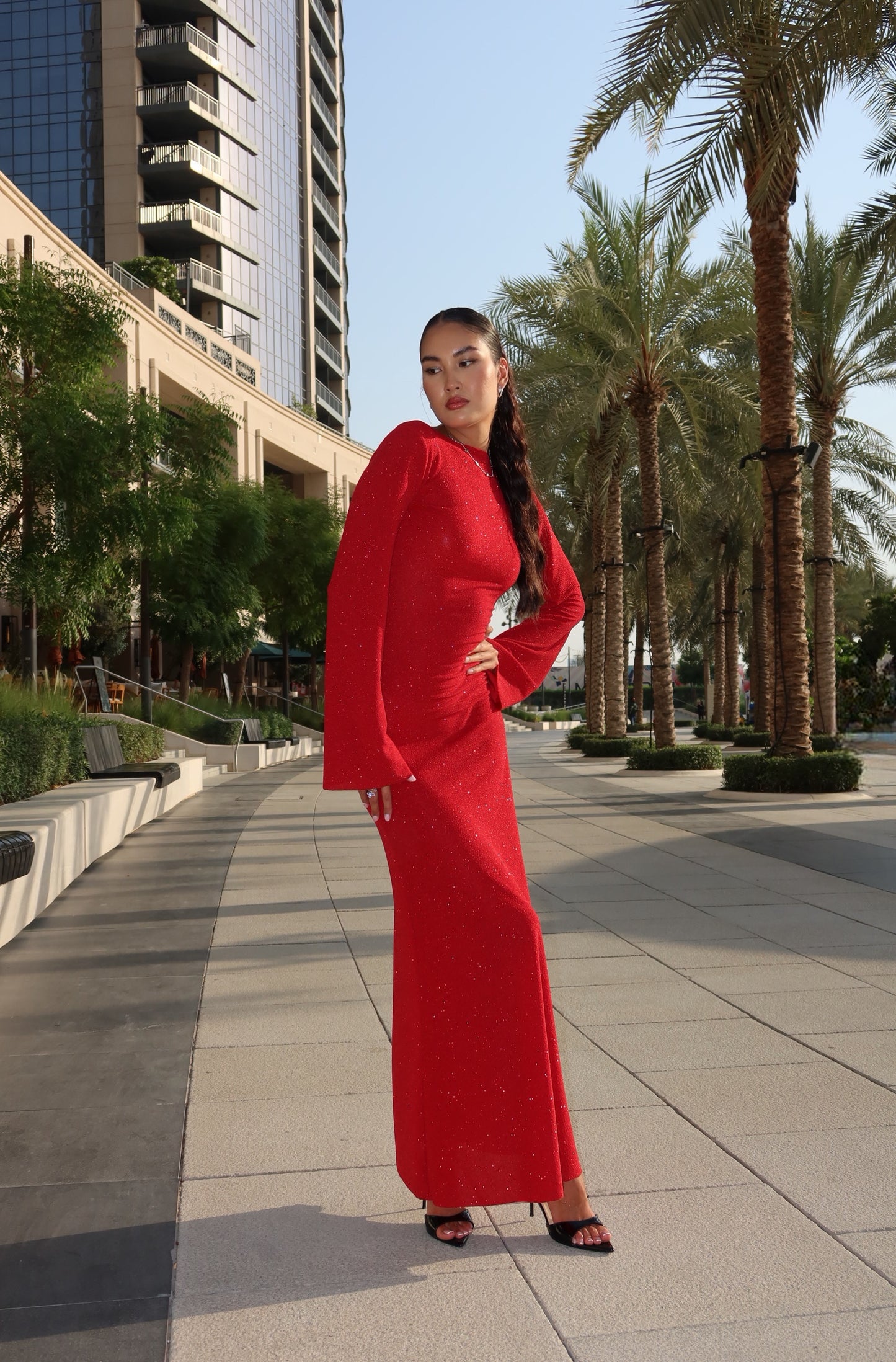 Red open back glitter dress